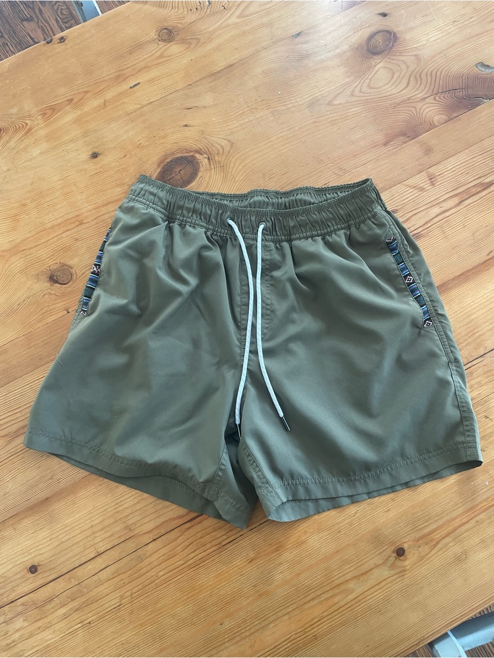 Men's Olive Green Elastic-Waist Swim Shorts (M)
